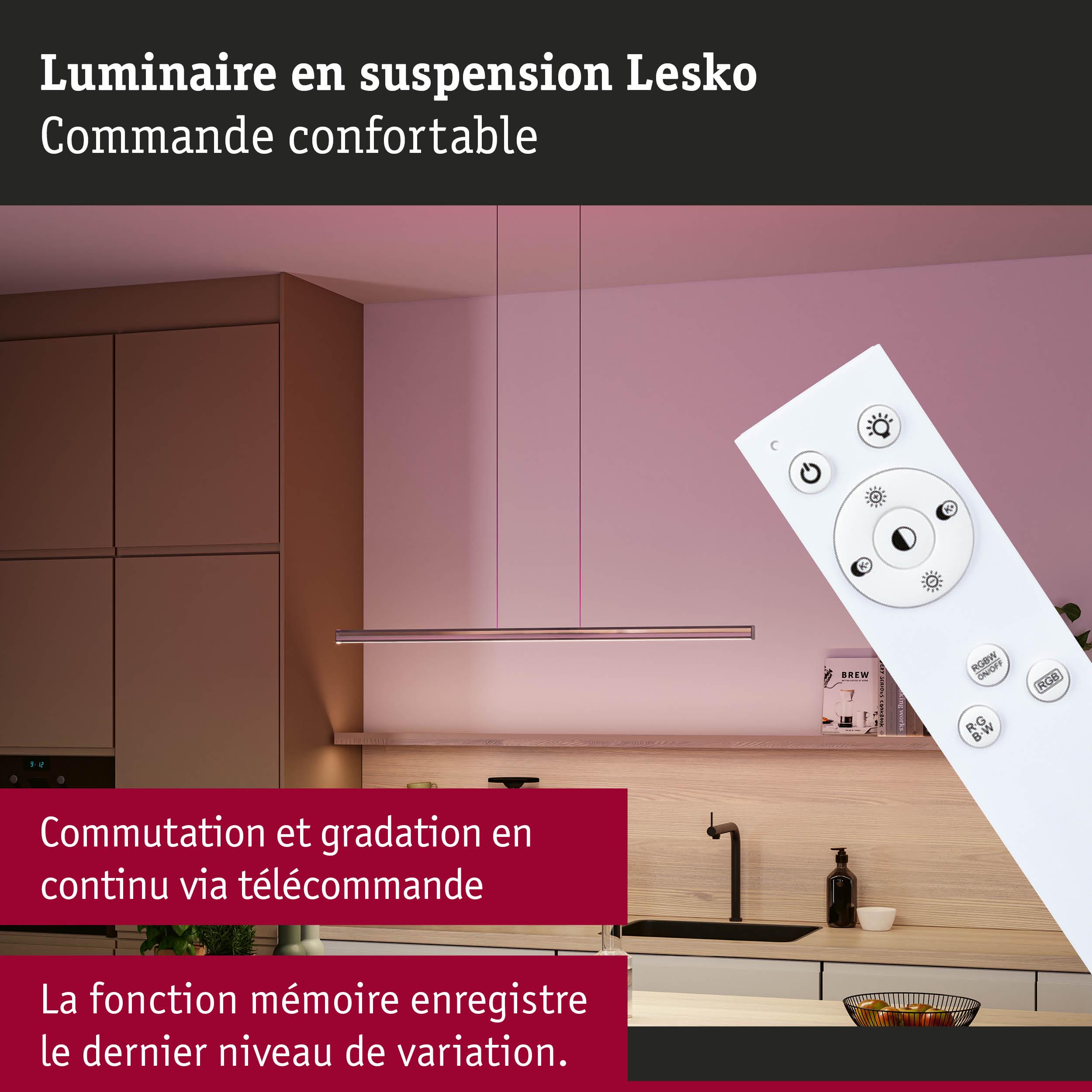 Luminaire suspendu Lesko en métal avec télécommande pour gradation continue dans cuisine moderne