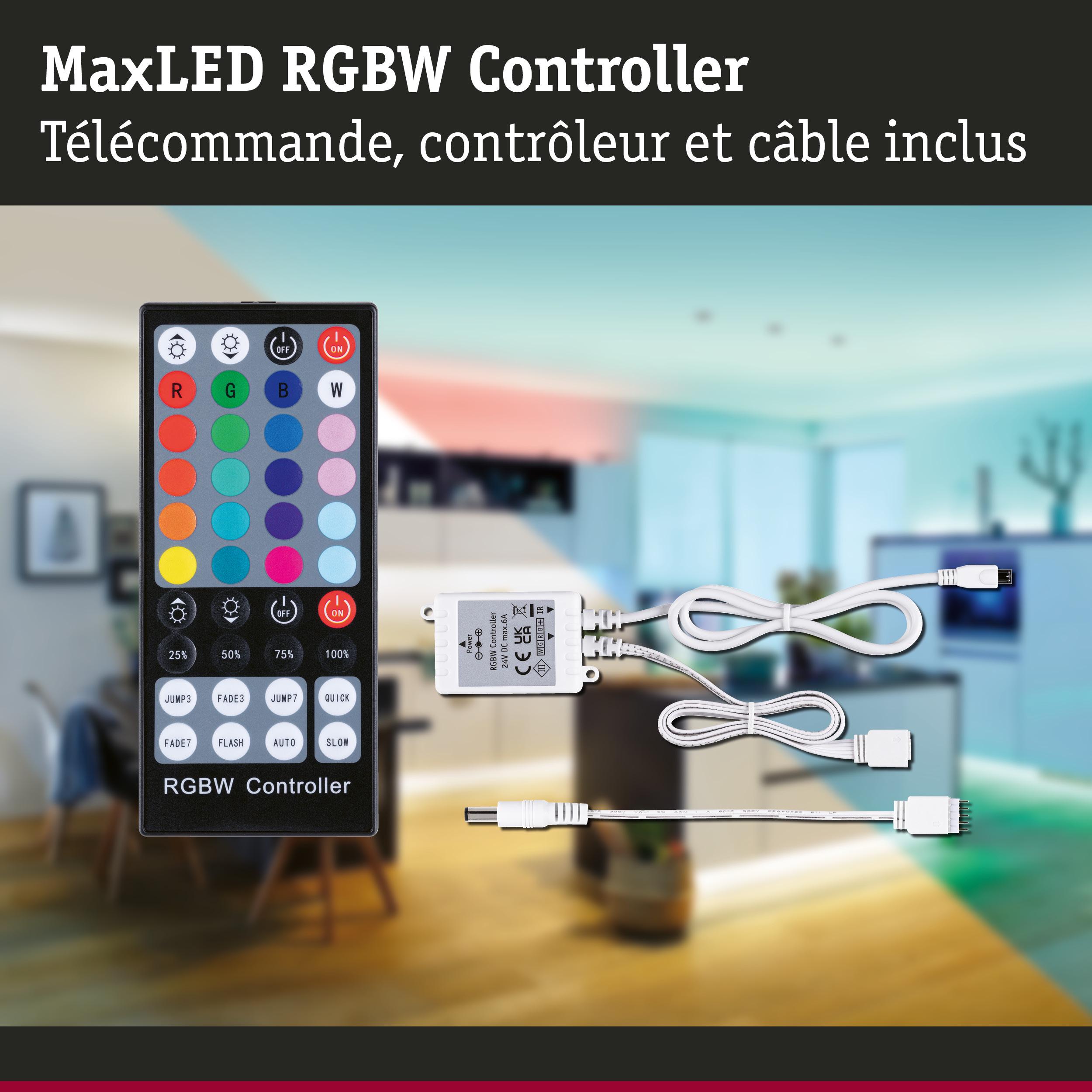 Contrôleur MaxLED RGBW blanc avec télécommande et câbles pour gestion d’éclairage LED intérieur