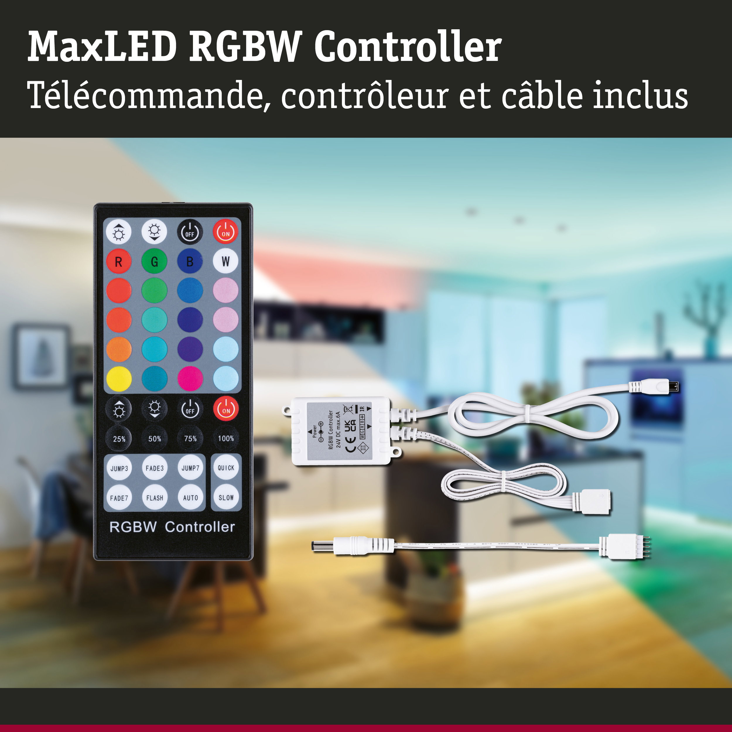 Contrôleur MaxLED RGBW avec télécommande et câble blanc pour gestion d’éclairage LED intérieur
