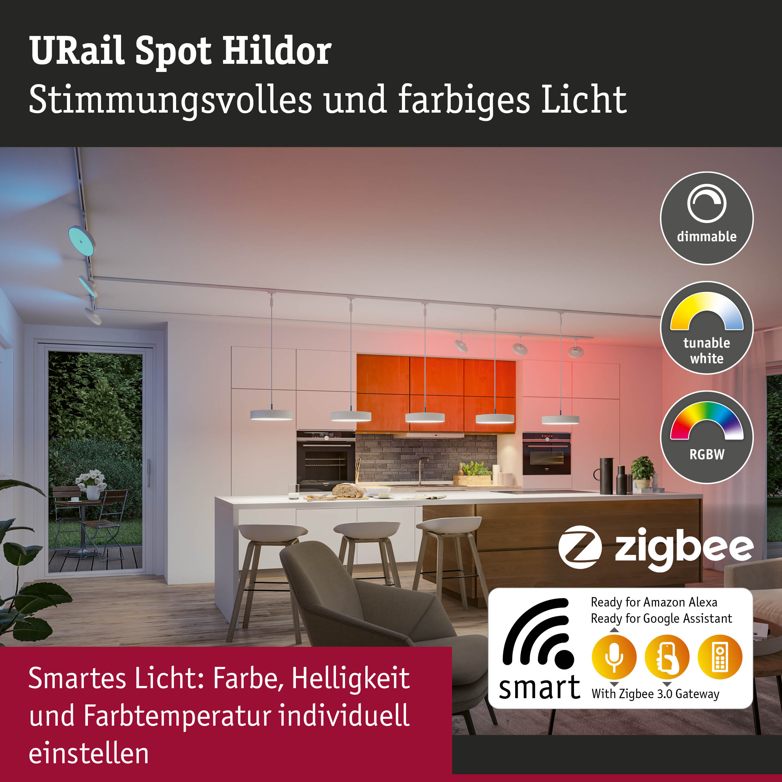 URail Spot Hildor LED-Deckenleuchte mit dimmbaren, tunable white und RGBW Lichtfarben in moderner Küche