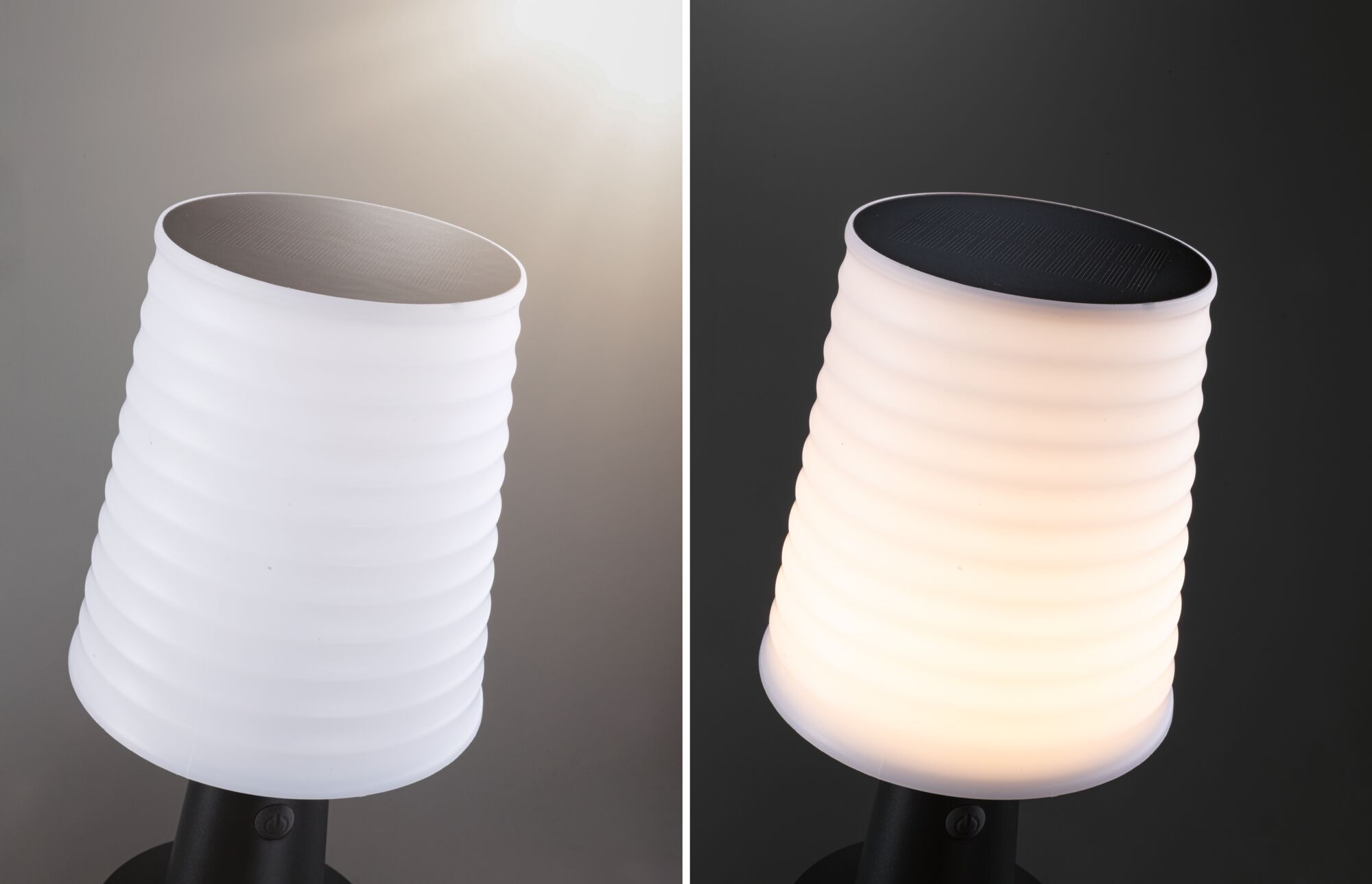 White ribbed plastic solar light with black solar panel, shown unlit and lit at night