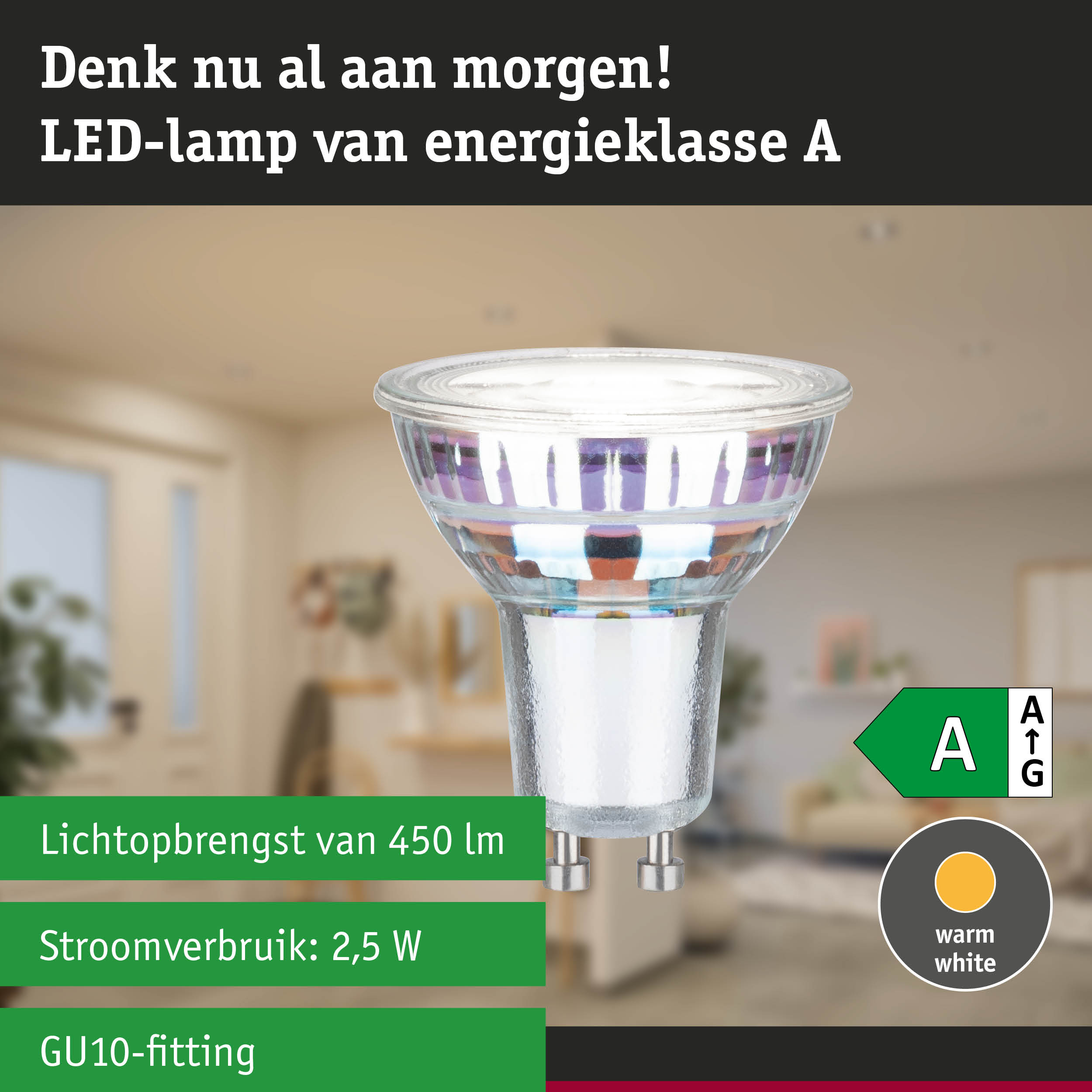 Heldere LED-lamp met GU10-fitting en warm wit licht voor energiezuinige verlichting