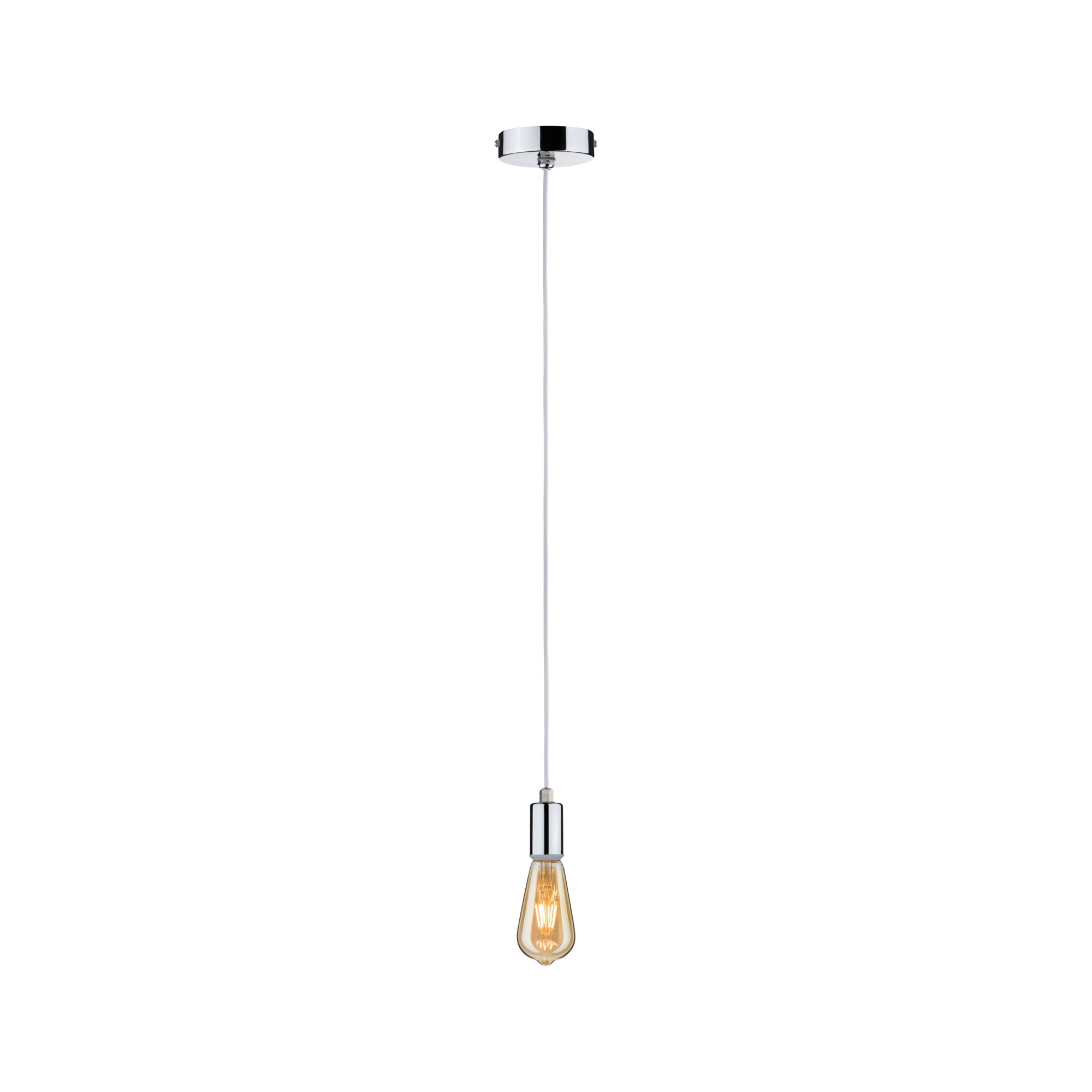 Modern pendant light with chrome holder and warm white vintage bulb design for living spaces.