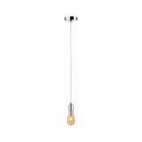 Moderne hanglamp met chromen houder en warmwitte vintage gloeilamp voor woonruimtes.