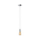 Moderne hanglamp met chromen houder en warmwitte vintage gloeilamp voor woonruimtes.