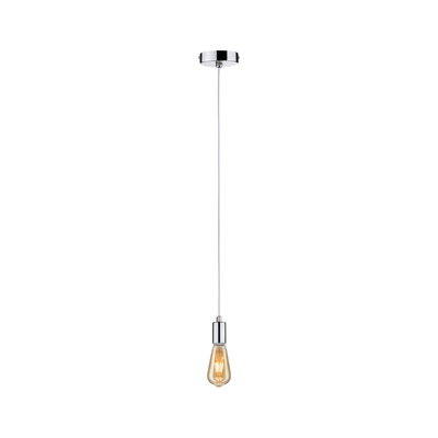Modern pendant light with chrome holder and warm white vintage bulb design for living spaces.