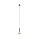 Modern pendant light with chrome holder and warm white vintage bulb design for living spaces.