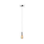 Modern pendant light with chrome holder and warm white vintage bulb design for living spaces.