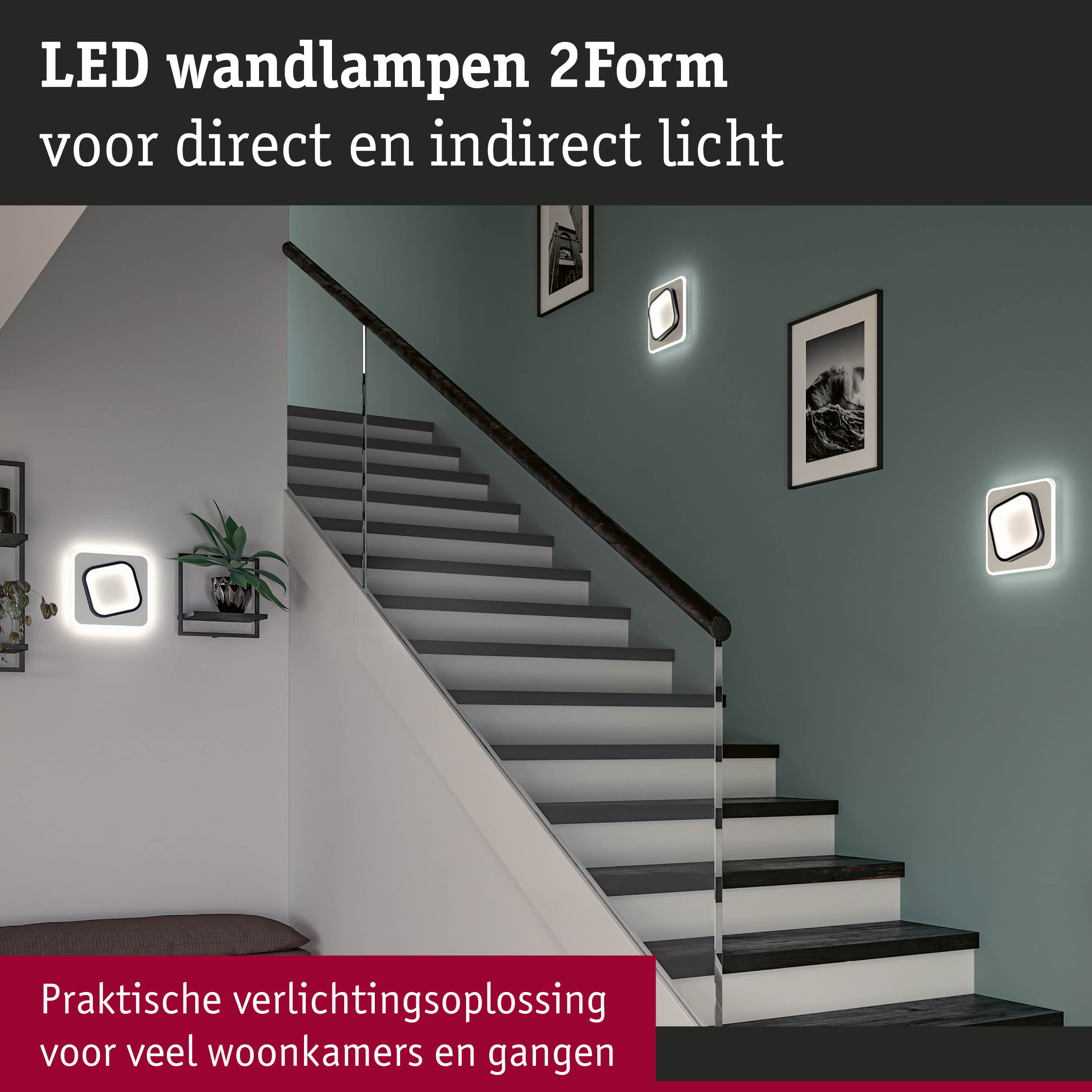 Moderne witte LED-wandlampen 2Form voor direct en indirect licht in trappenhuizen en gangen.