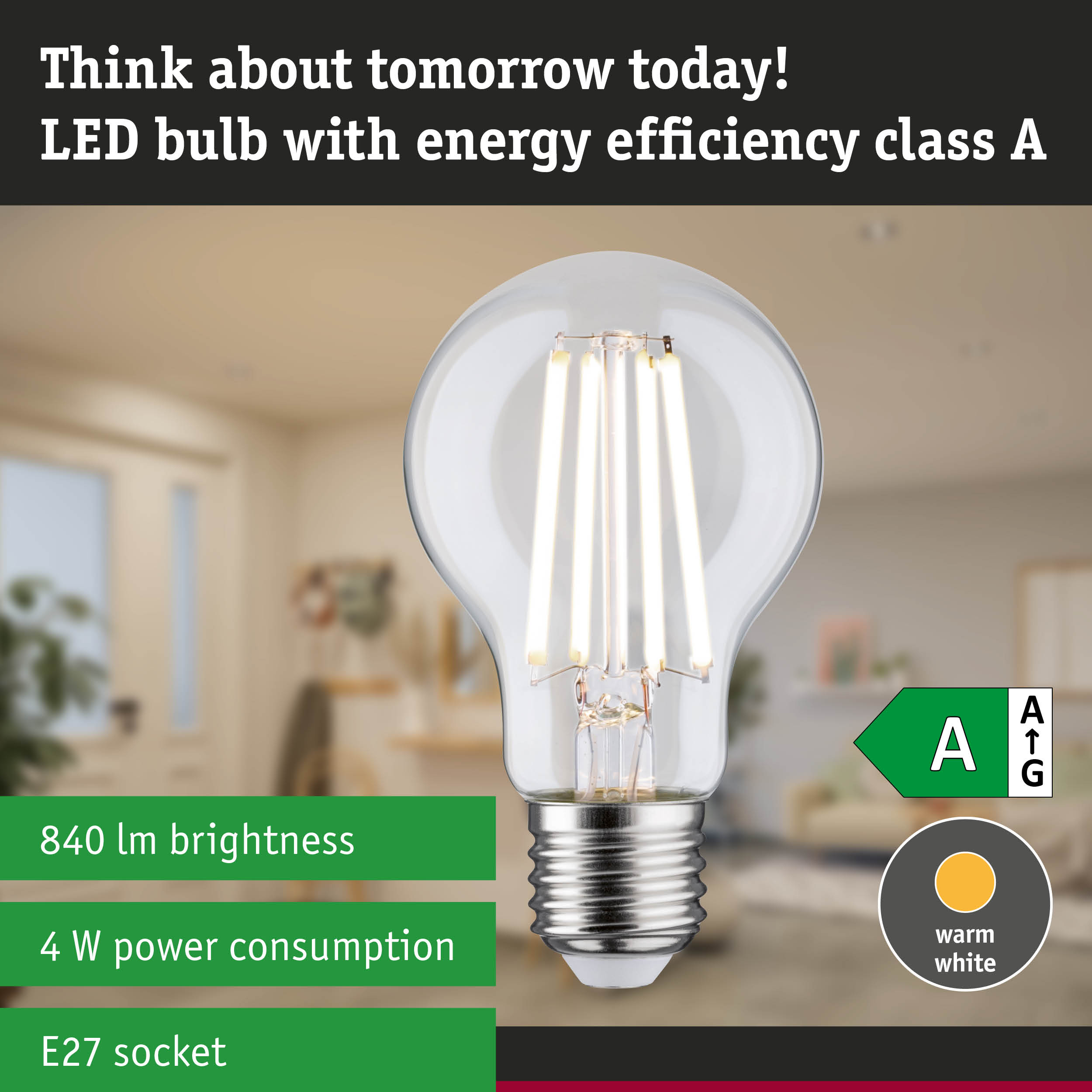 Clear LED bulb with warm white light and ultra-efficient energy technology against green forest background