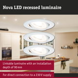 White Nova LED recessed luminaire with 90 mm installation depth for direct 230V connection