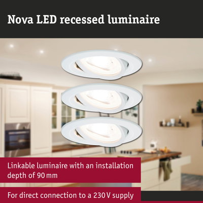 White Nova LED recessed luminaire with 90 mm installation depth for direct 230V connection