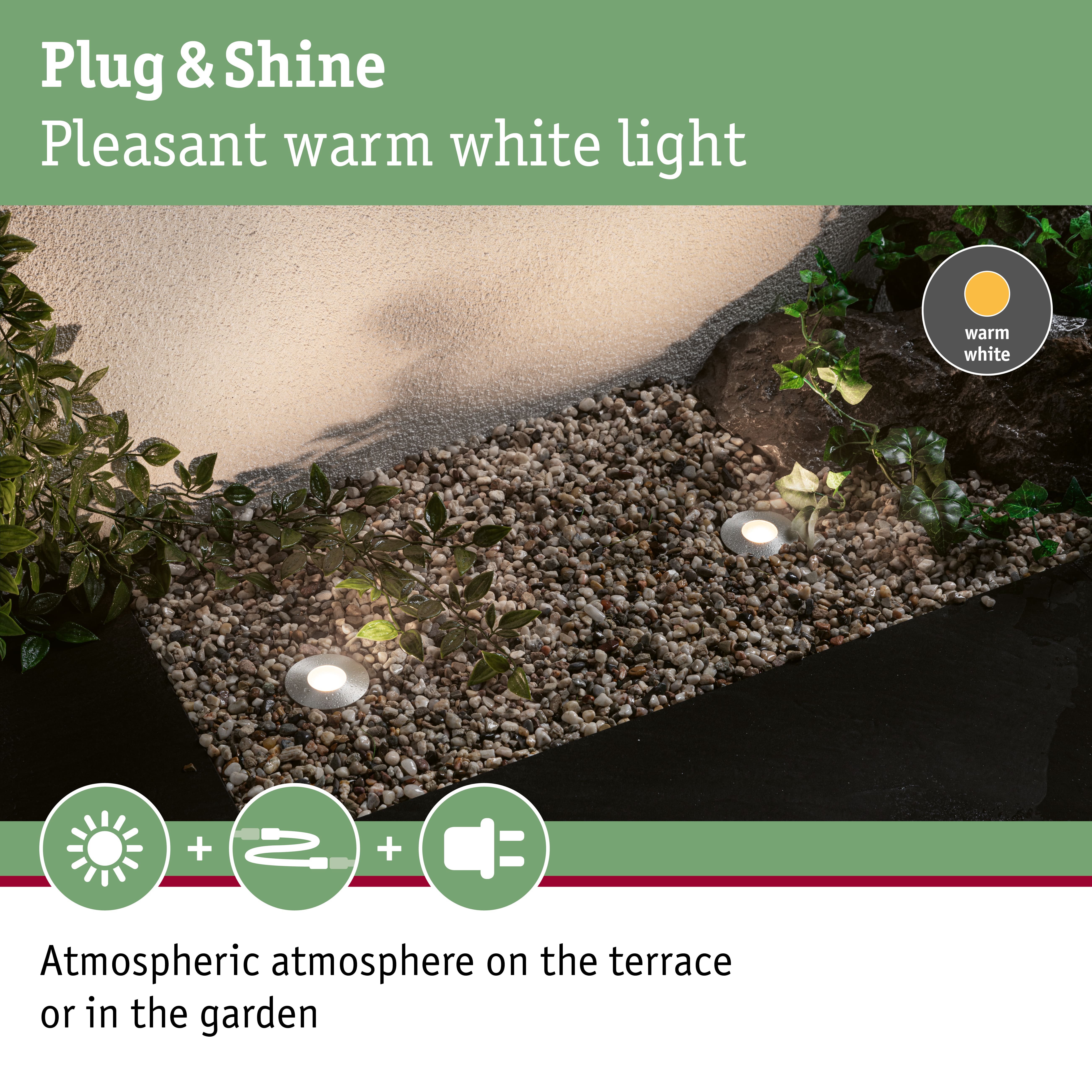 Plug & Shine LED garden light with warm white light for atmospheric terrace and garden lighting