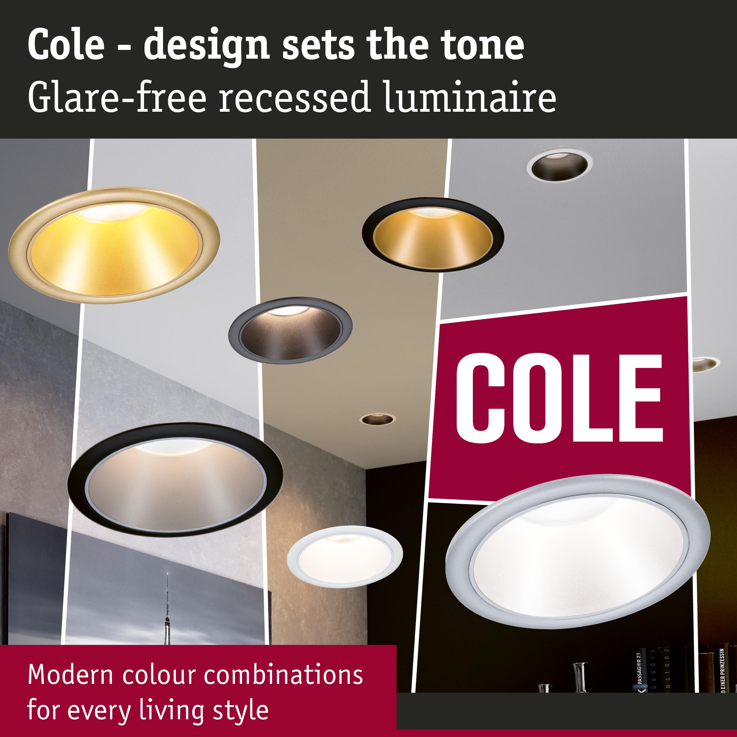 Cole glare-free recessed luminaires in various colours for modern interior lighting solutions