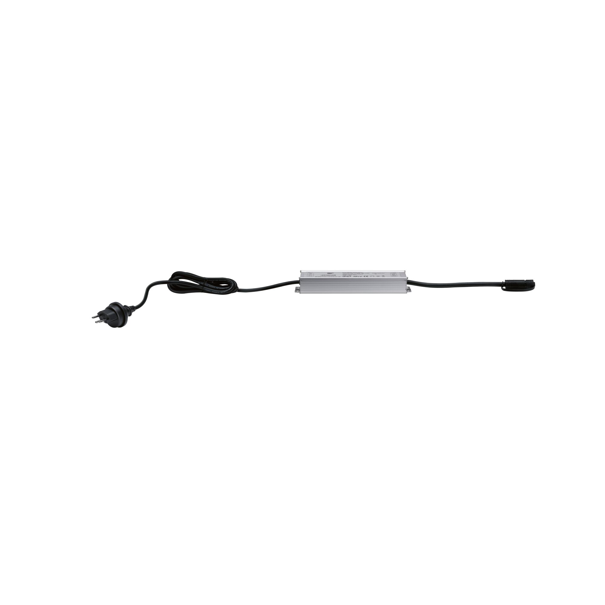 Plug & Shine Alimentation électrique CH IP67 230/24V 150VA Argent Alimentation électronique en aluminium argenté avec câble noir et prise pour éclairage LED