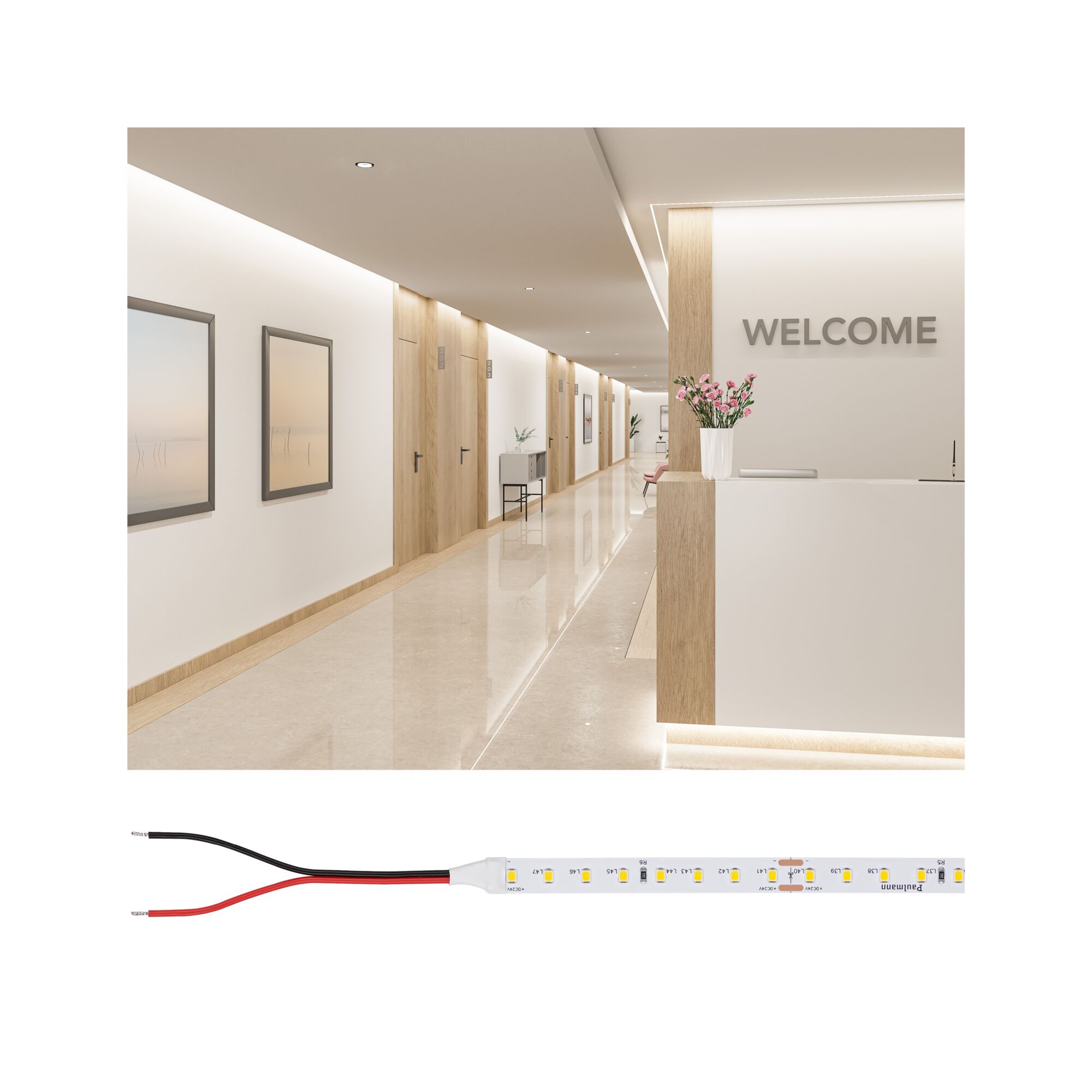 Bande LED avec LEDs blanches et câbles noir et rouge pour éclairage intérieur moderne