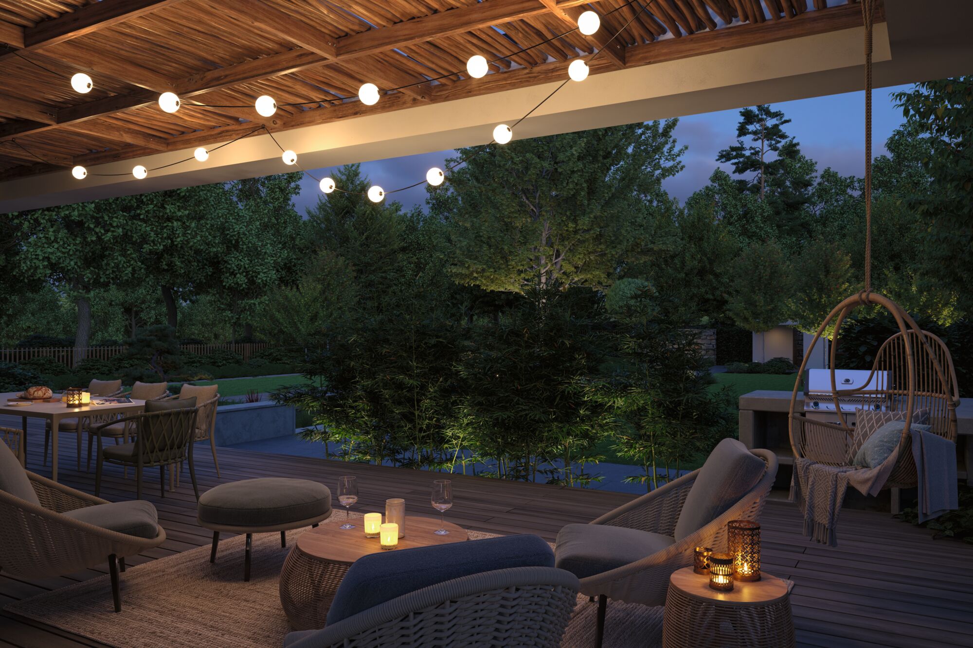 Gemütliche Terrasse mit warmweißen LED-Lichterketten unter Holzpergola für stimmungsvolle Außenbeleuchtung