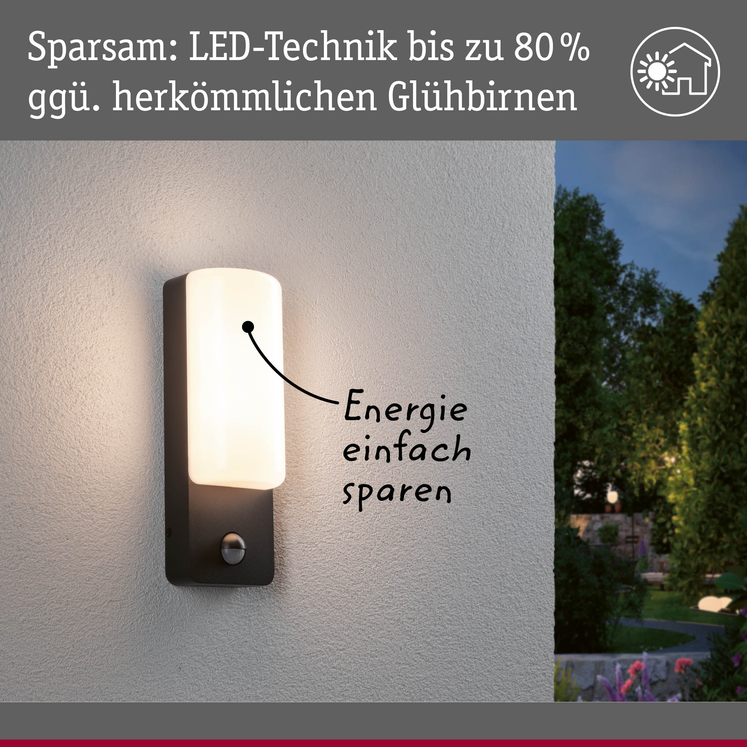 Moderne LED-Außenwandleuchte in Schwarz-Weiß mit energiesparender Technik und Gartenblick