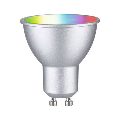 Silver LED spotlight with GU10 base and RGB color gradient for modern lighting design