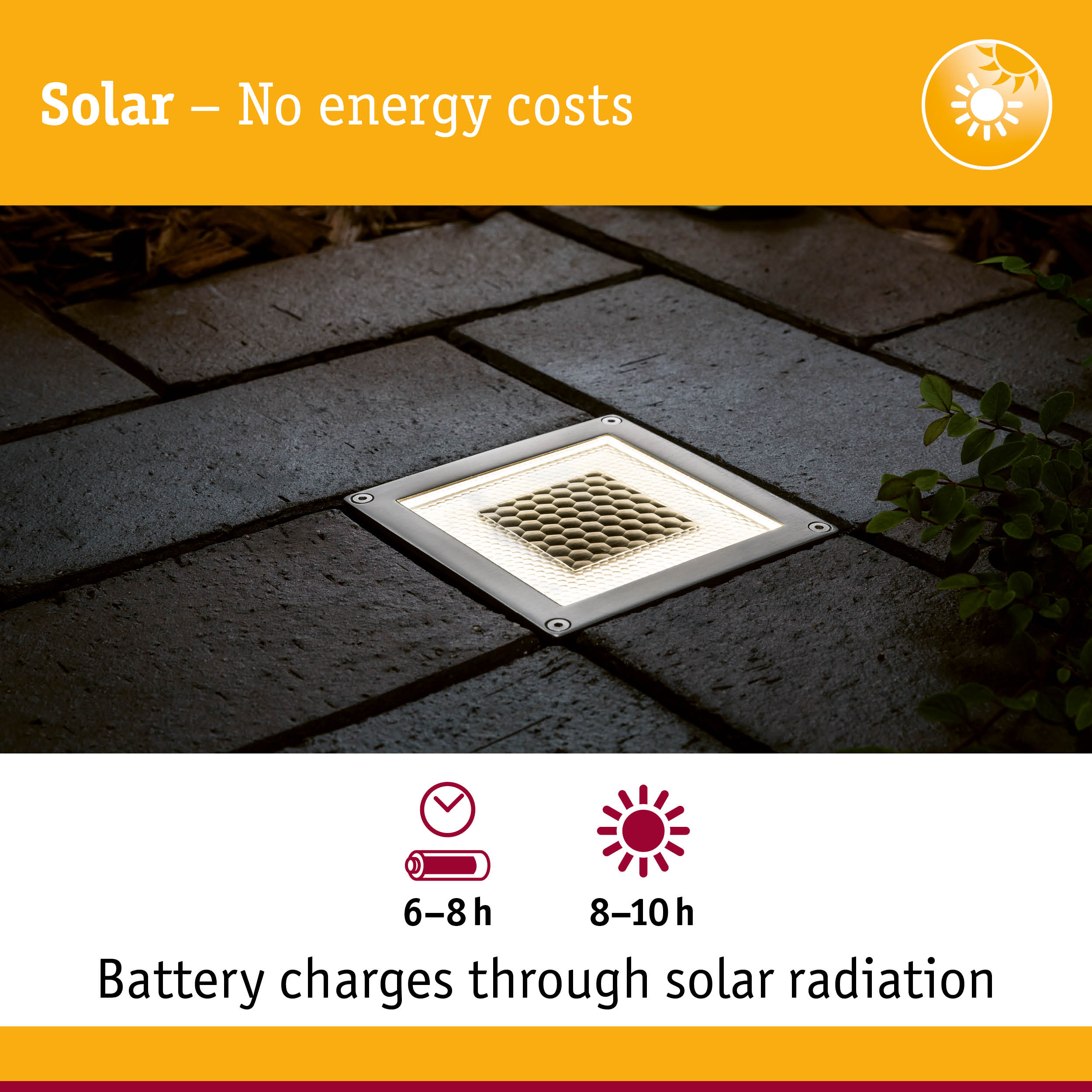 Solar-powered stainless steel LED ground light with white illumination for energy-saving outdoor lighting