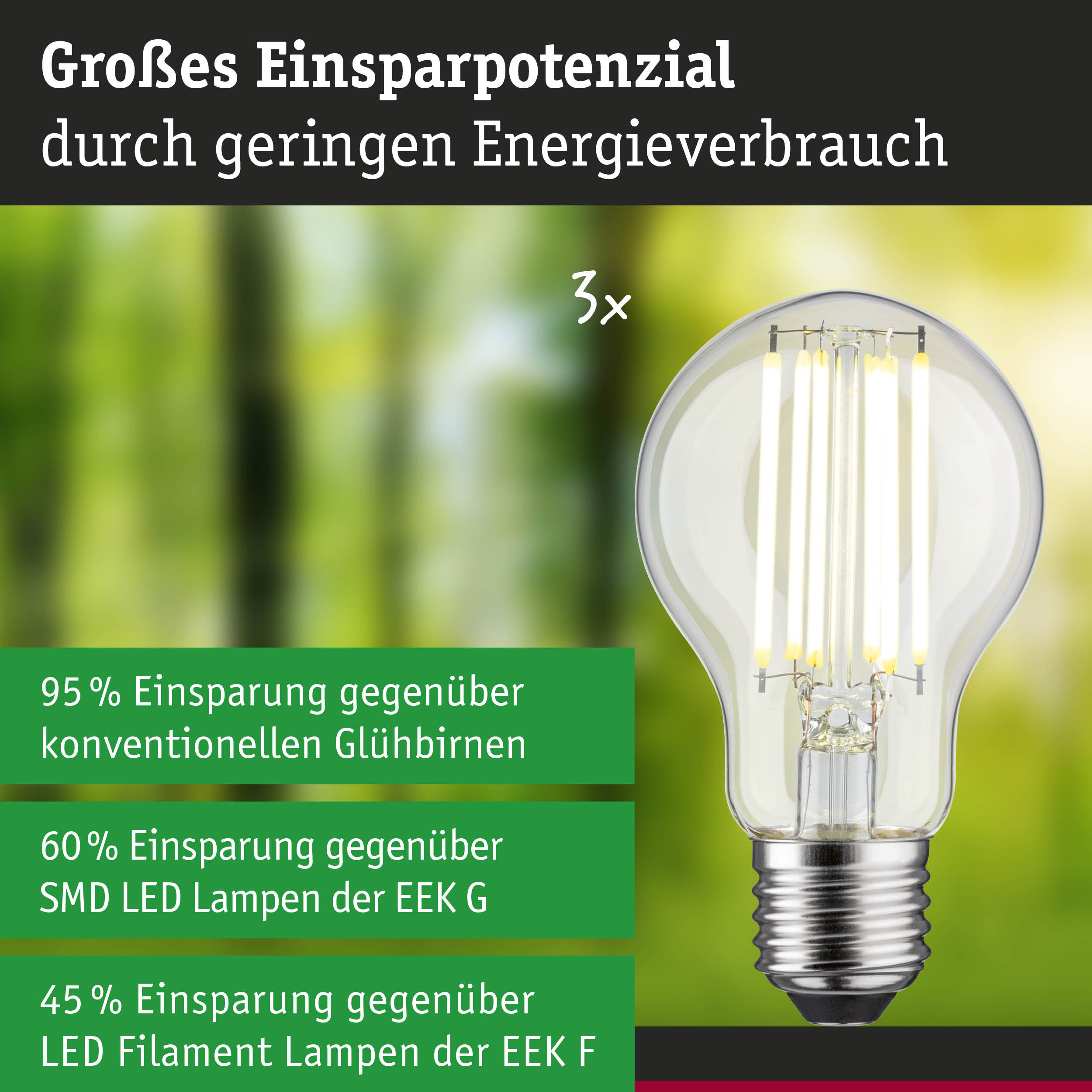 Efficient-Line Filament 230V LED Birne E27 3er-Set 1055lm 5W 3000K Klar