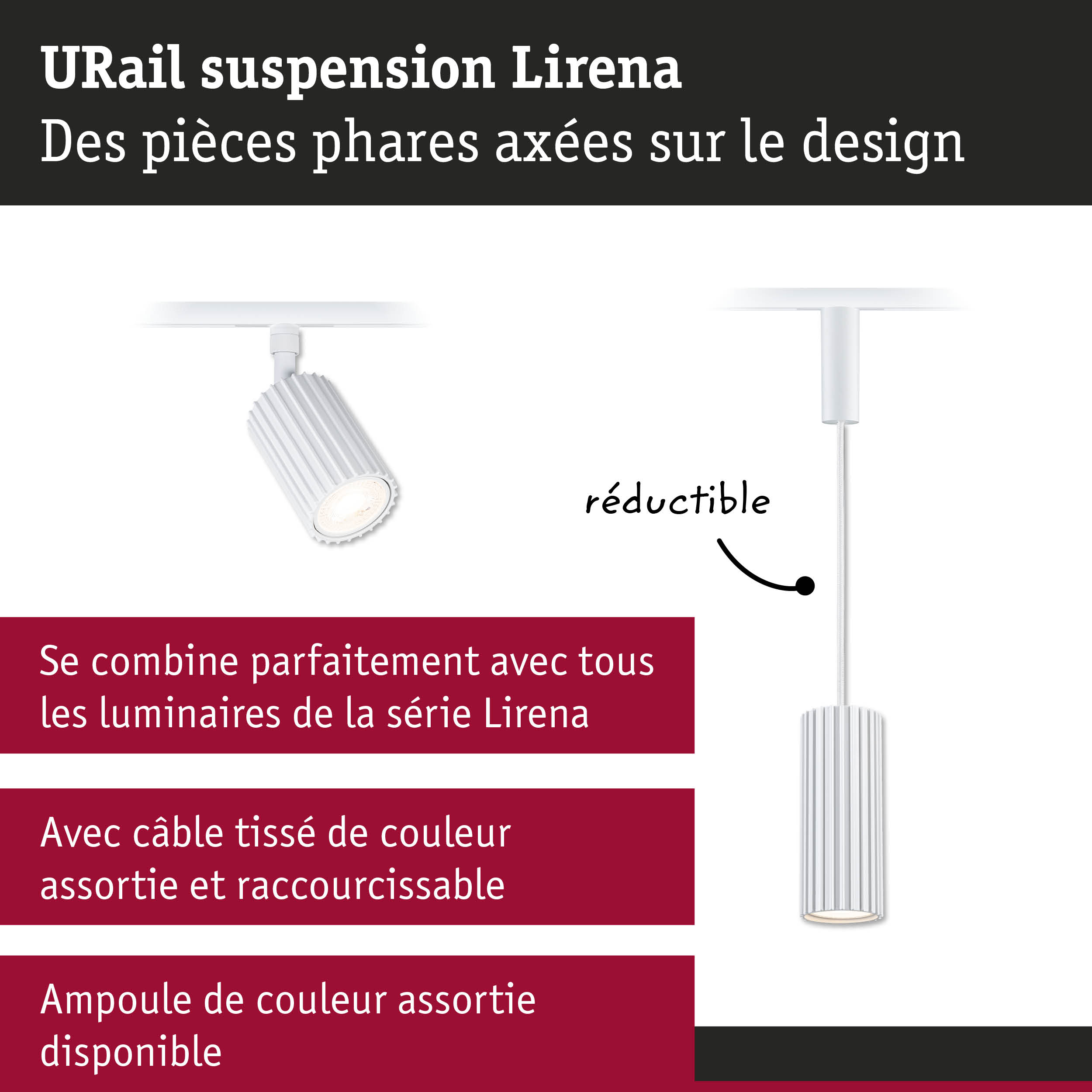 Spot sur rail URail Lirena blanc en métal avec design cannelé et câble réglable pour éclairage