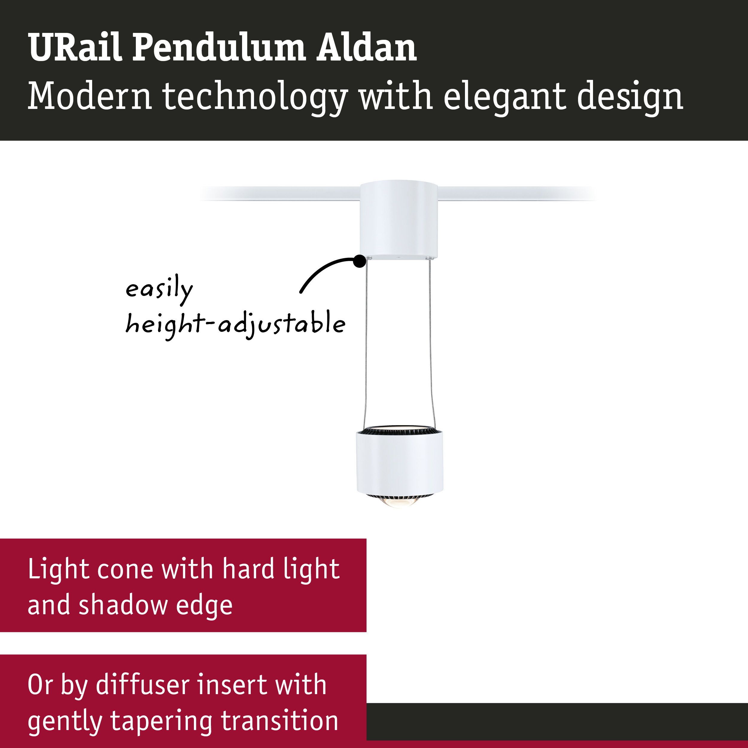 White URail Pendulum Aldan LED pendant light with height-adjustable design and hard light cone