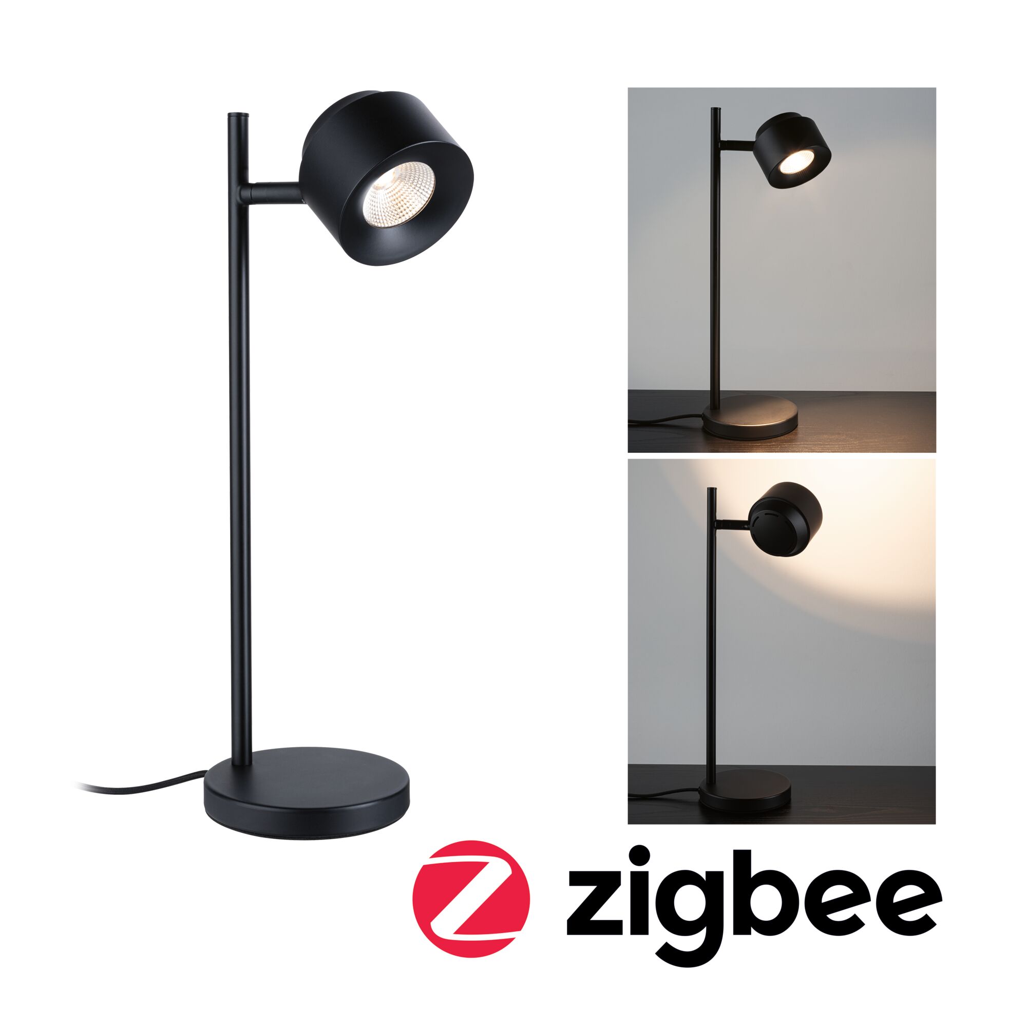 Lampe à poser LED Smart Home Zigbee 3.0 Pane 2700K 400lm 4,5W Noir Lampe de bureau LED noire en métal avec base ronde et tête réglable pour un éclairage moderne et connecté