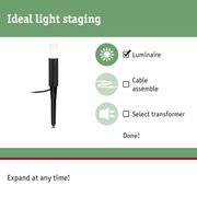 Black LED outdoor luminaire with white diffuser and ground spike for garden lighting