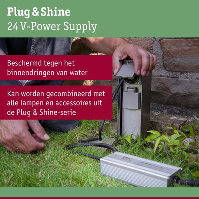 24V Plug & Shine metalen voeding in zilver voor waterdichte buitenverlichting