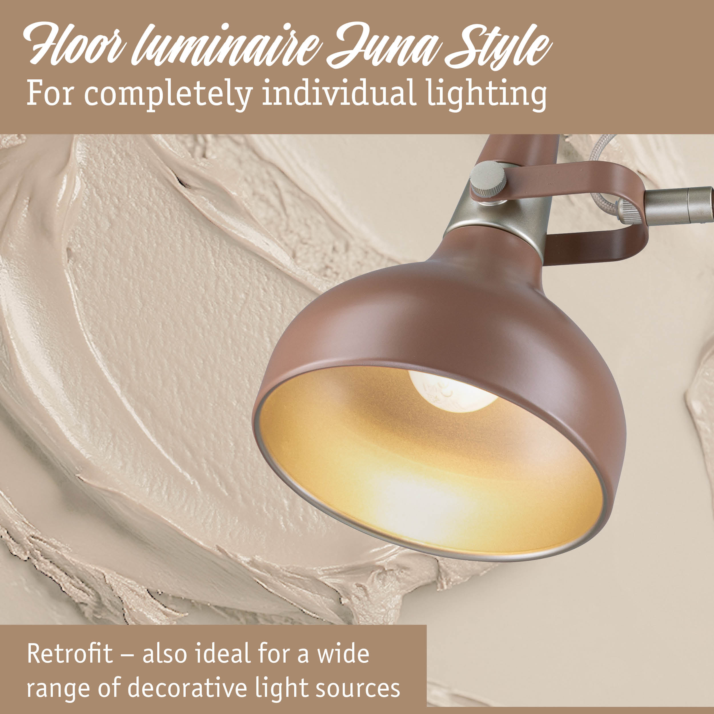 Retrofit Juna Style floor lamp in matte brown with gold interior for customizable lighting