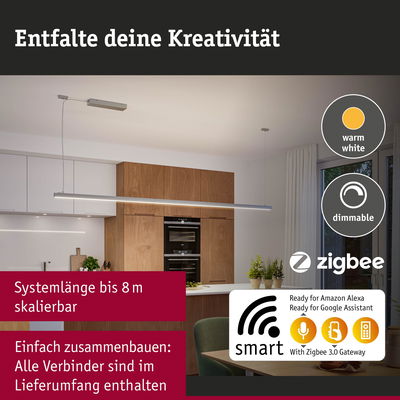 Moderne dimmbare LED-Küchenleuchte in Aluminium mit warmweißem Licht und Zigbee Smart Home Steuerung