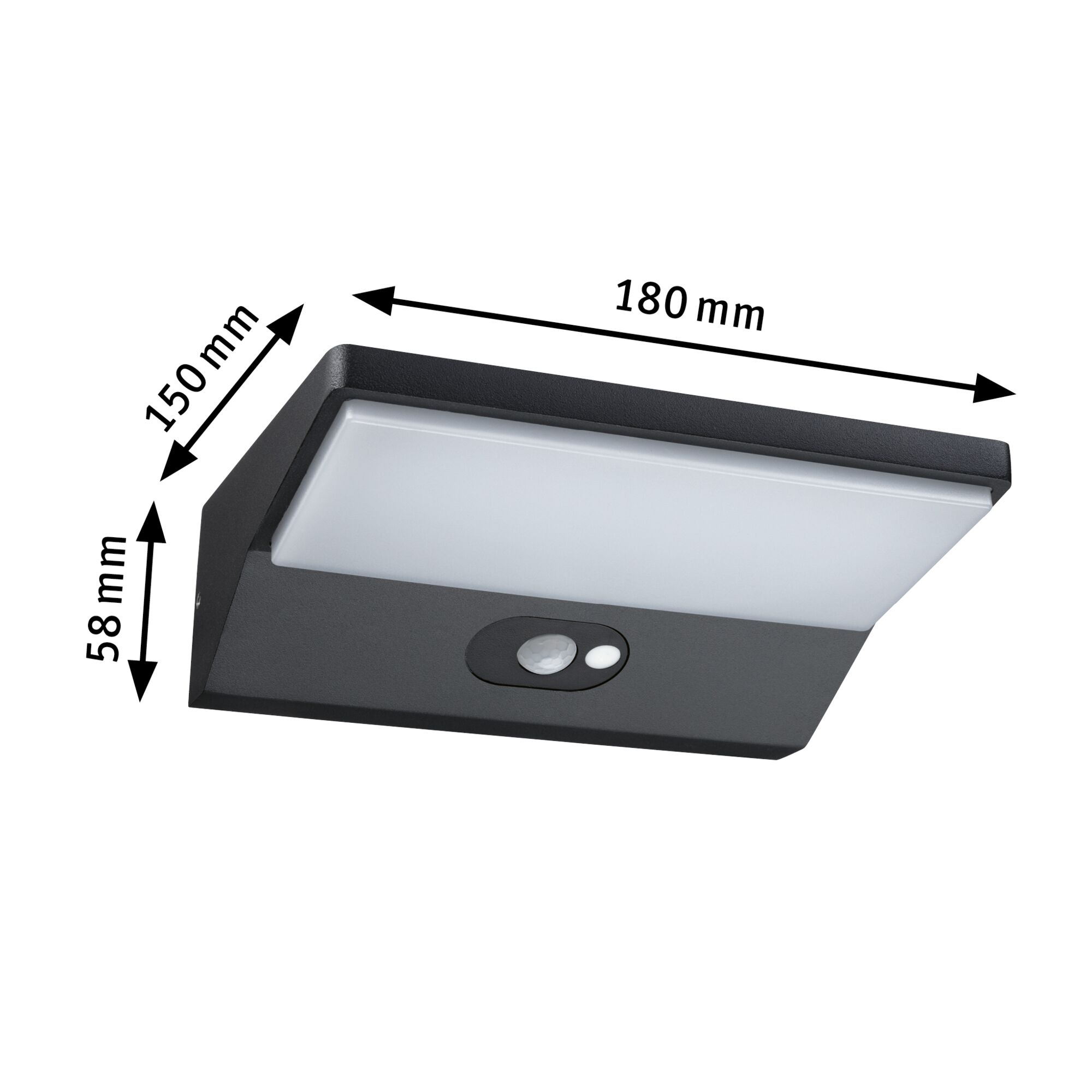 Rectangular black LED wall light with motion sensor and milky white diffuser, size 180x150x58 mm