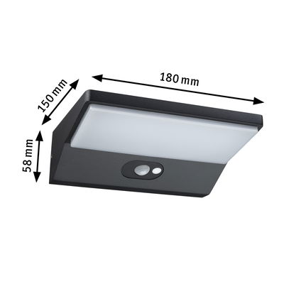 Rectangular black LED wall light with motion sensor and milky white diffuser, size 180x150x58 mm