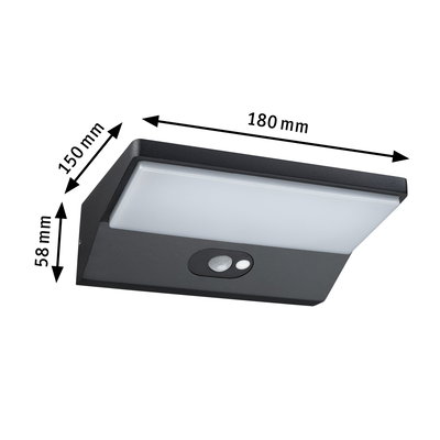 Rechteckige schwarze LED-Wandleuchte mit Bewegungsmelder und milchweißem Diffusor, Maße 180x150x58 mm
