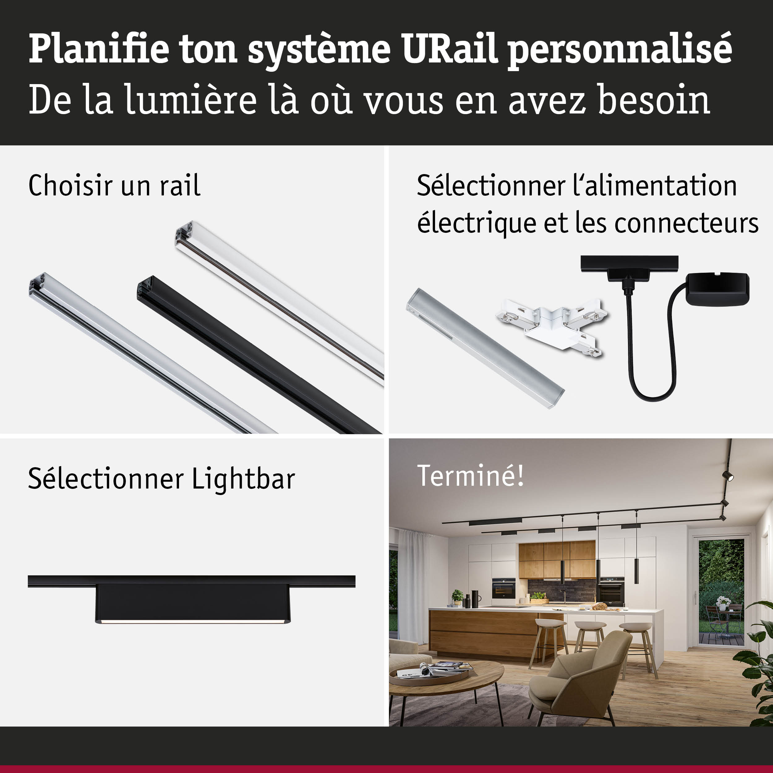 Système de rail URail noir et blanc avec barres lumineuses et alimentation pour solutions d'éclairage personnalisées