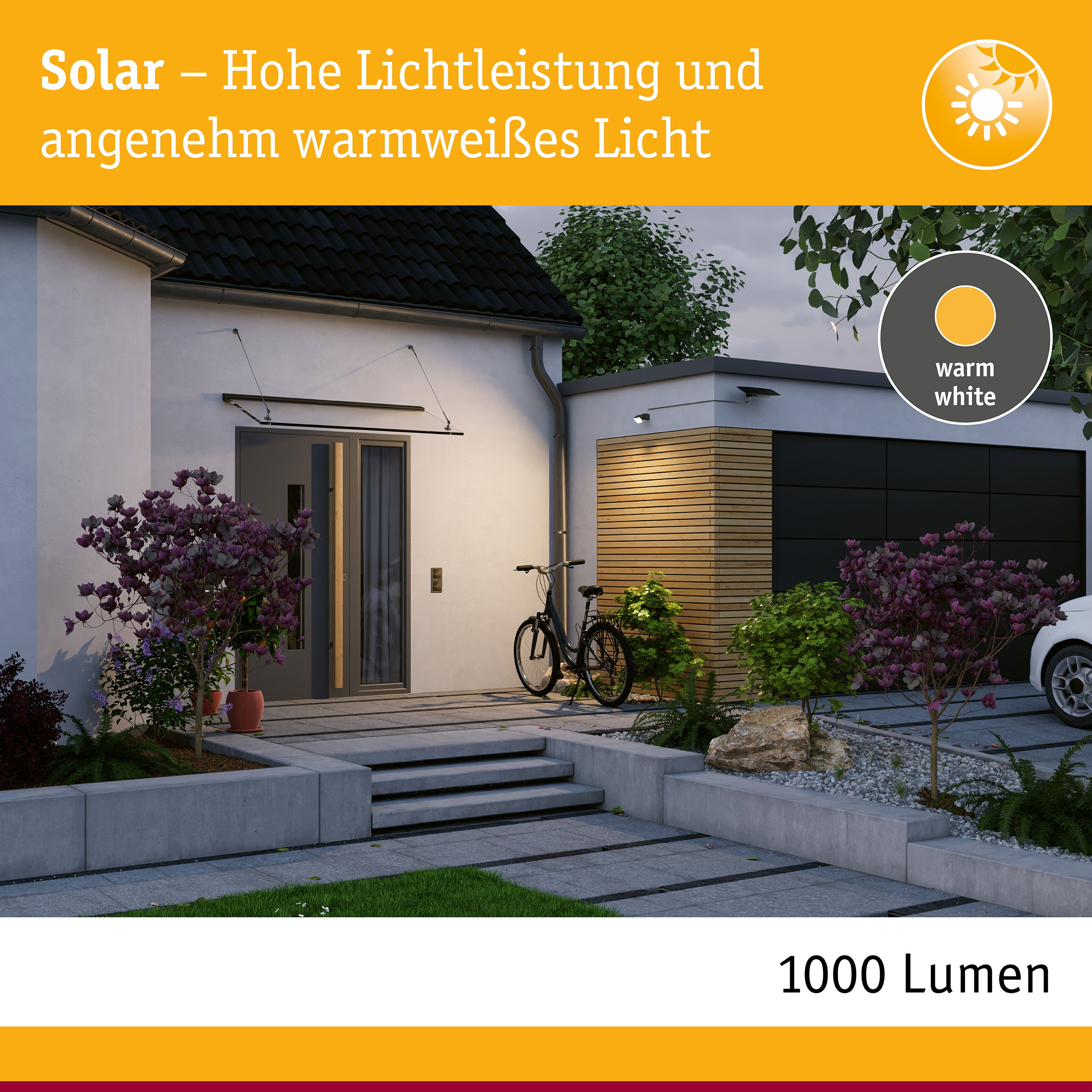 Moderne Hausfassade mit Solar-Außenleuchte in warmweißem Licht und 1000 Lumen Helligkeit