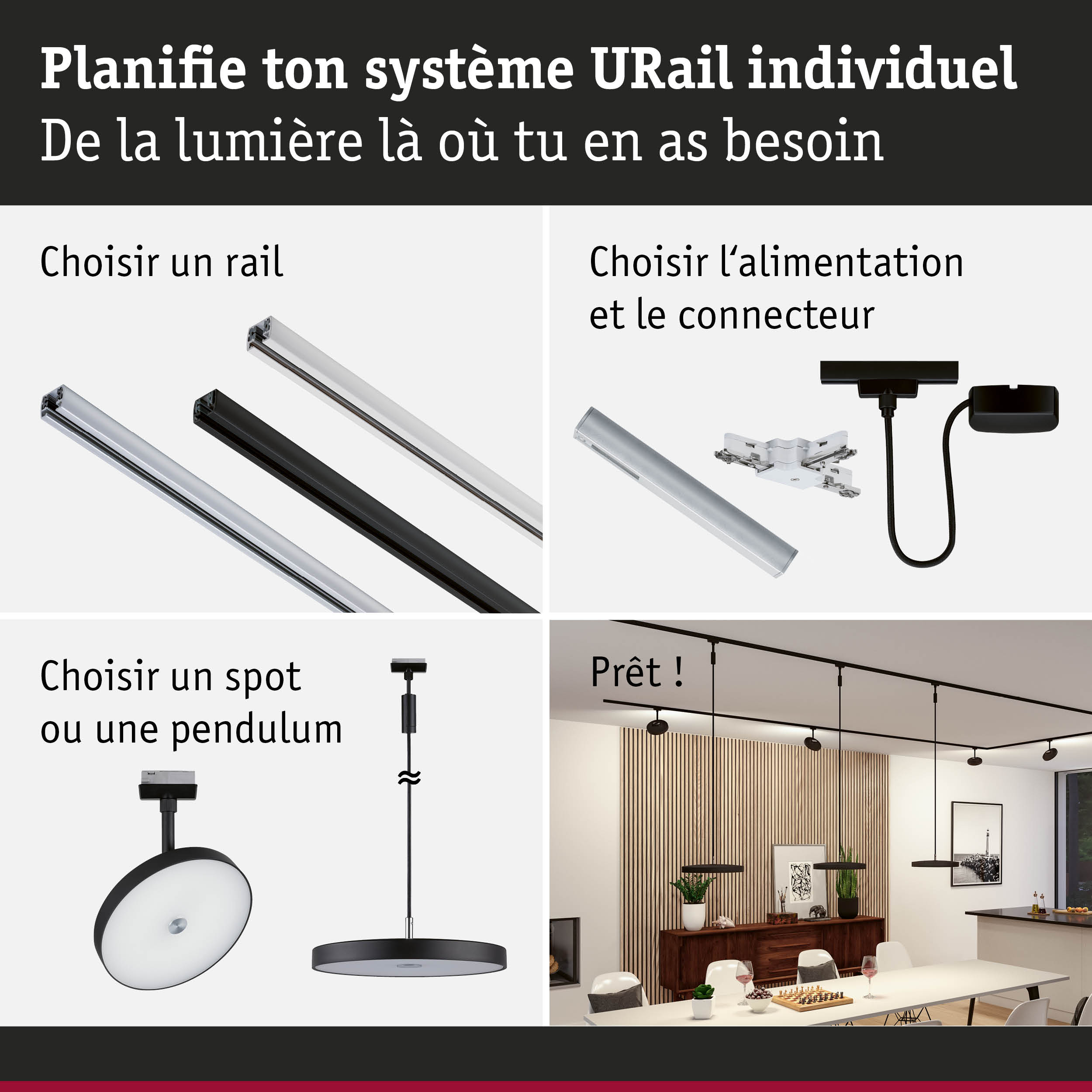 Système de rail URail modulaire en noir et blanc avec plusieurs options d'éclairage pour intérieur moderne