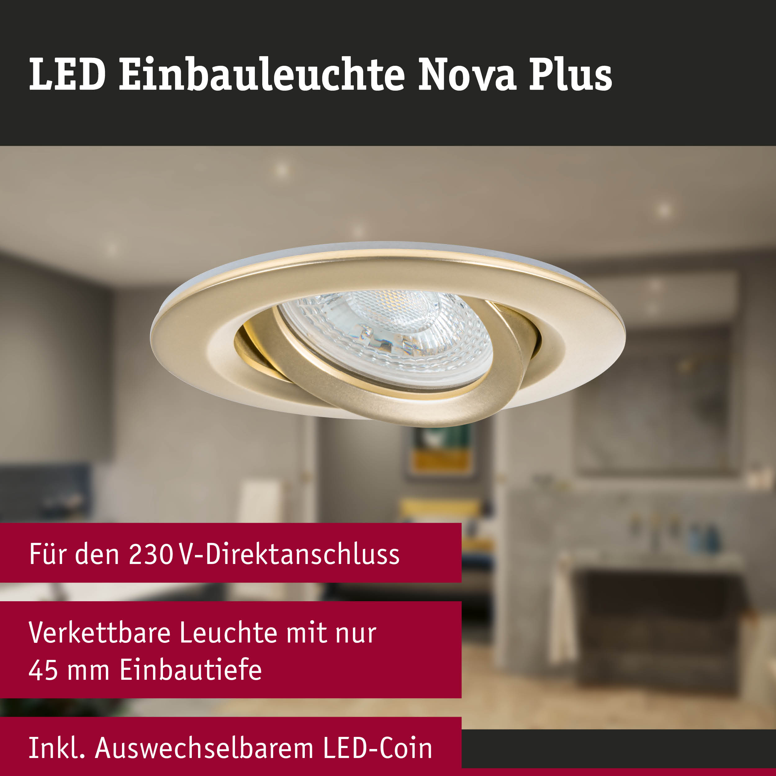 LED Einbauleuchte Nova Plus in goldfarbenem Metall mit austauschbarem LED-Coin für Wohnräume