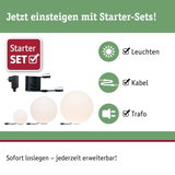 Starter-Set mit drei weißen Kugelleuchten, Kabel und Trafo für einfache LED-Beleuchtung.