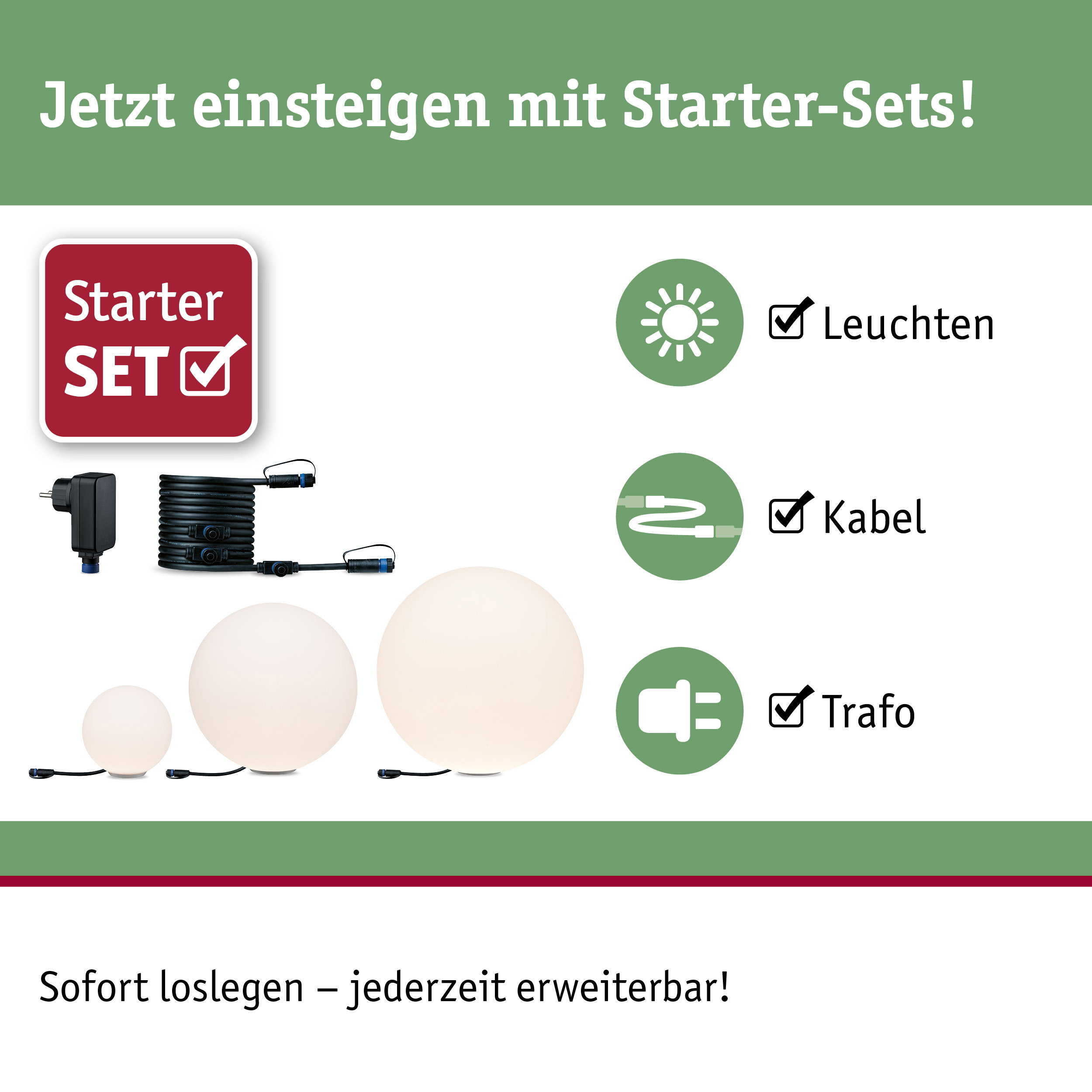 Starter-Set mit weißen Kugelleuchten, Kabel und Trafo für einfache LED-Beleuchtungslösung