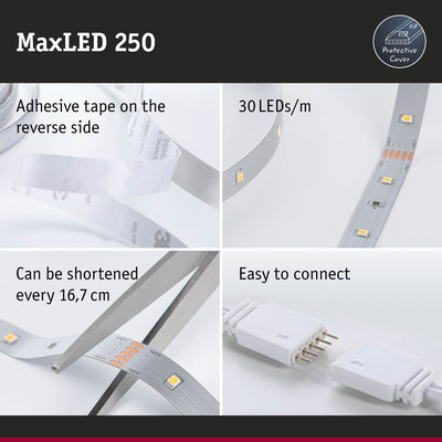 MaxLED 250 LED strip with adhesive tape, 30 LEDs per meter, cuttable every 16.7 cm, easy to connect