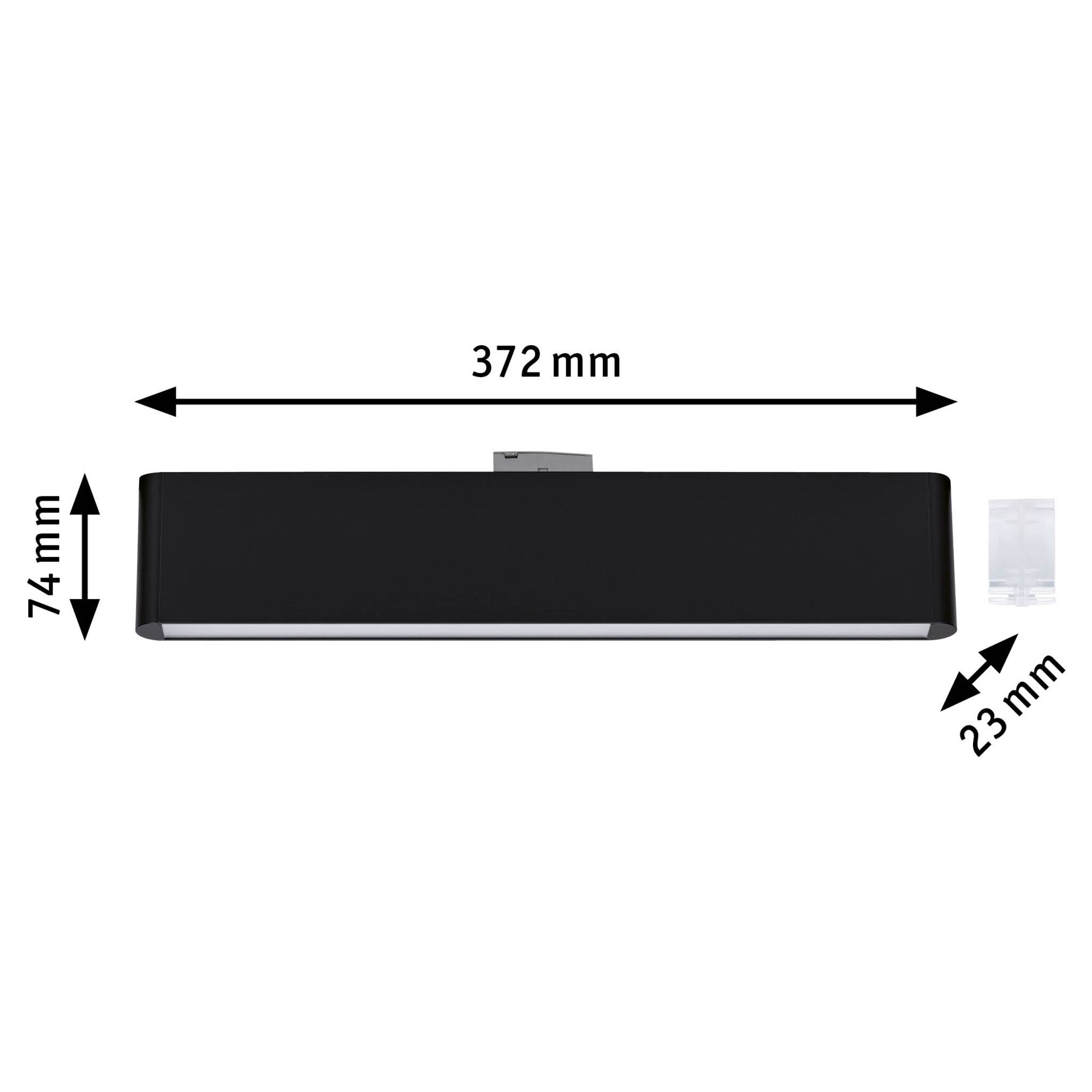 Black metal LED under-cabinet light measuring 372 mm length and 74 mm height for modern lighting