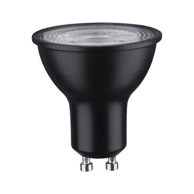 Black LED reflector lamp with GU10 base made of plastic for energy-efficient lighting