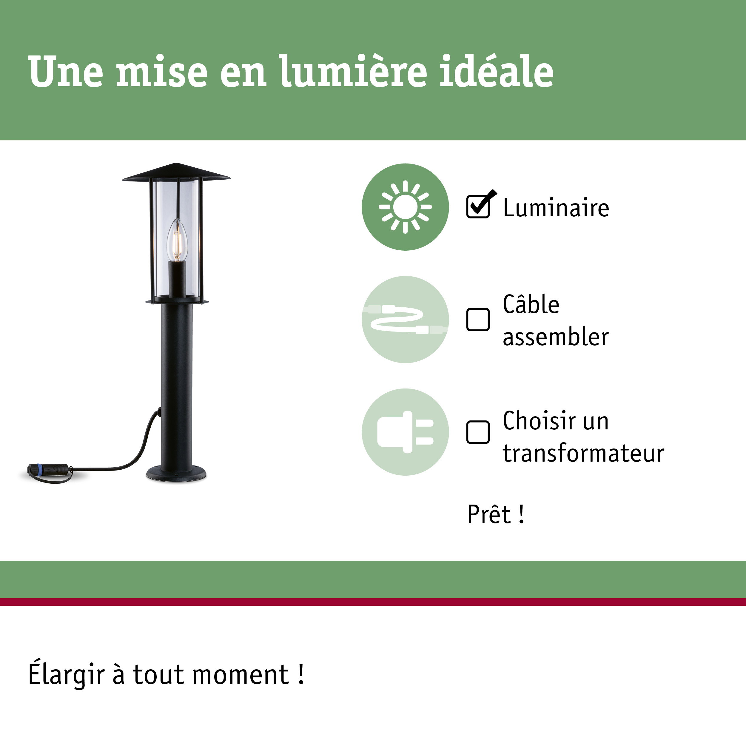 Lampadaire extérieur noir avec verre transparent et ampoule visible, éclairage de jardin résistant