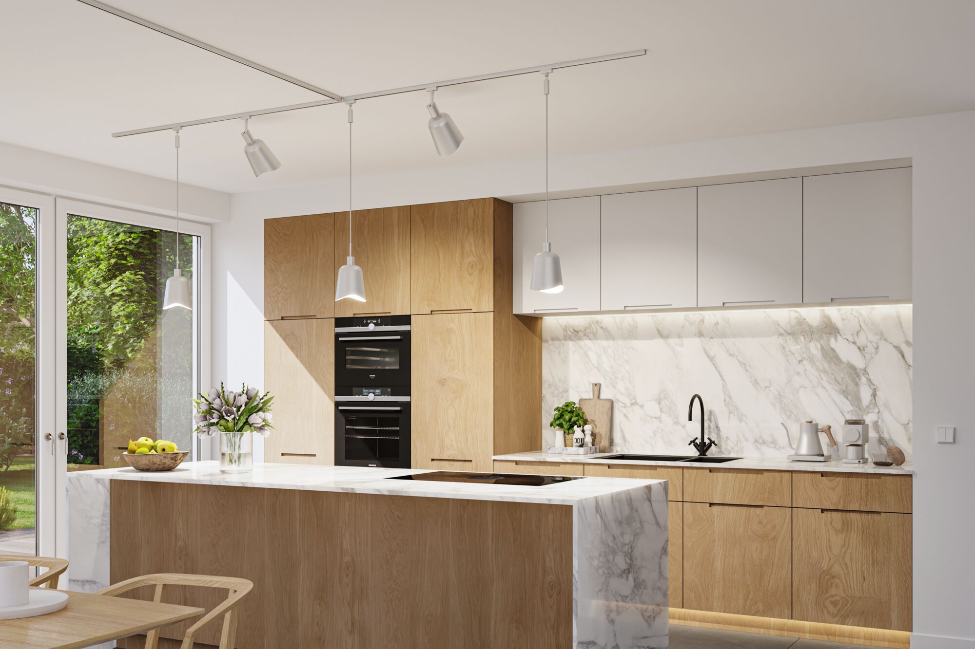 Modern kitchen with wooden cabinets, white marble countertop and white pendant lights on track system