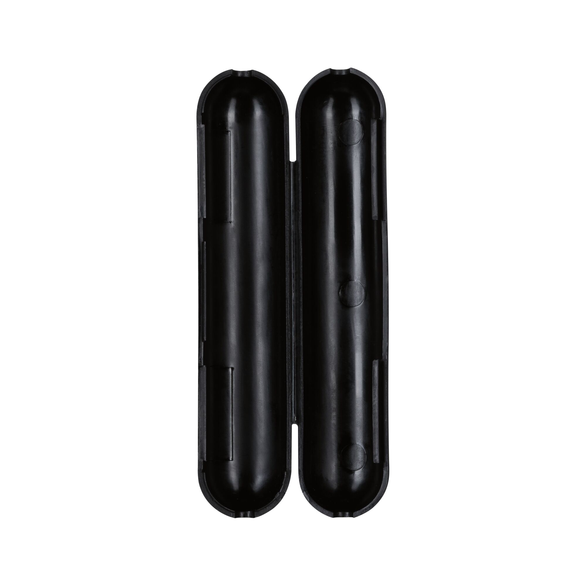 Black plastic casing with two elongated compartments, electronic assembly accessory