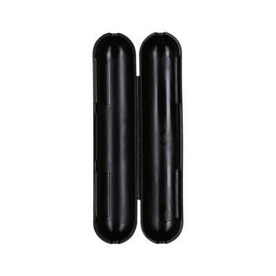 Black plastic casing with two elongated compartments, electronic assembly accessory