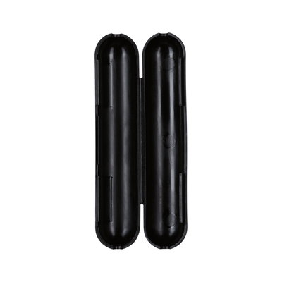 Black plastic casing with two elongated compartments, electronic assembly accessory