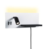 Applique murale moderne avec spot LED noir et étagère noire sur panneau métallique blanc